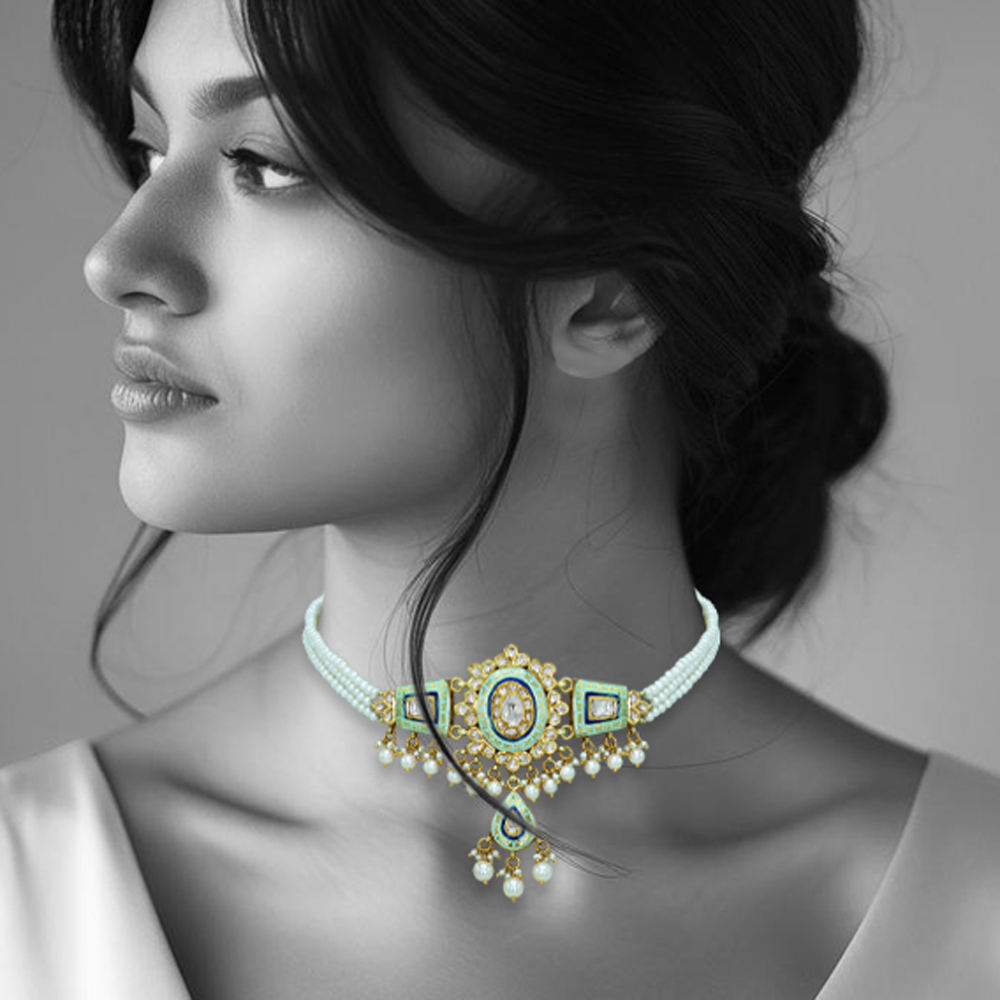 Mint Enamel Choker with Polki Diamonds and Pearls